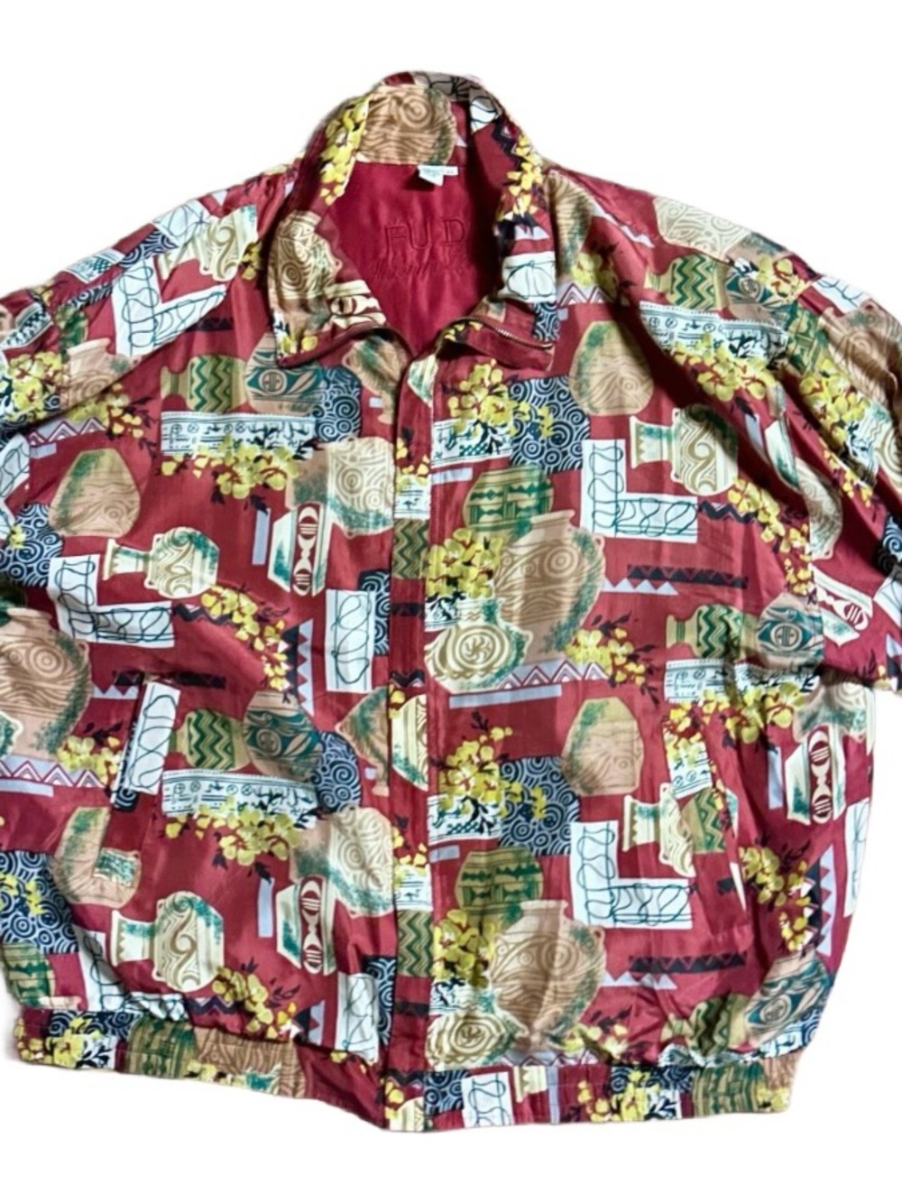Fuda ~ Women’s Size 3X ~ Brown/ Red ~ Vase/Pottery & Floral Pattern Silk Jacket